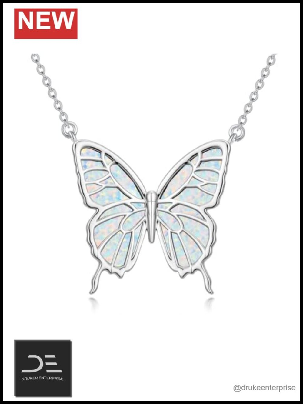 925 Sterling Silver Butterfly Pendant Necklace Opal Adjustable Chain